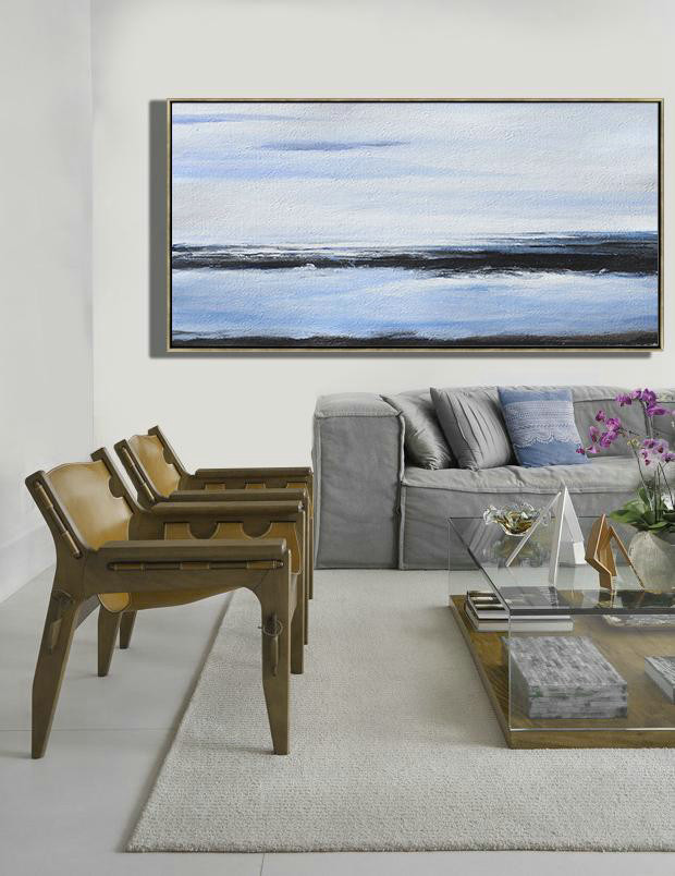Large Abstract Art Handmade Oil Painting,Panoramic Abstract Landscape Painting On Canvas,Wall Art Ideas For Living Room,Grey,Blue,Black.etc